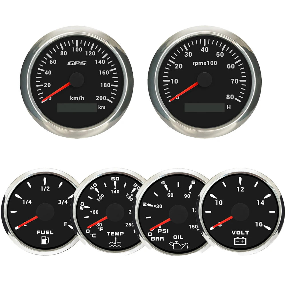 ELING 6 Gauge Set 85mm GPS Speedometer with Tachometer with 52mm Water Temp Oil Pressure Fuel Level Voltmeter with Backlight