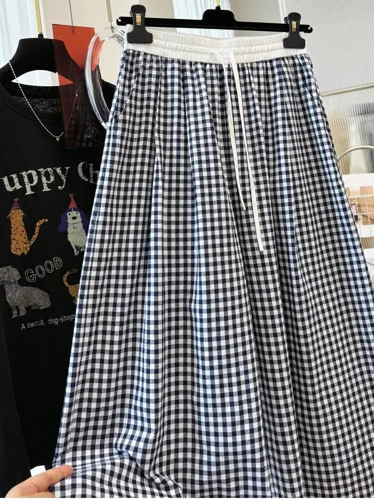 Retro Plaid Wide Leg Straight Pants Women Summer Thin Loose Casual Trousers 2026 Hot Fashion Youthful All-match Daily Pants