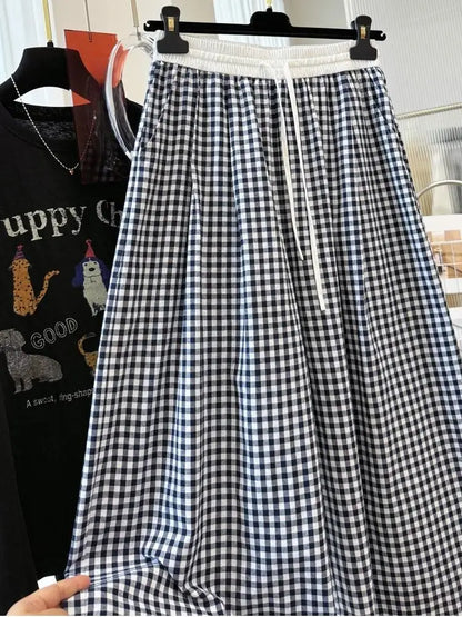 Retro Plaid Wide Leg Straight Pants Women Summer Thin Loose Casual Trousers 2026 Hot Fashion Youthful All-match Daily Pants