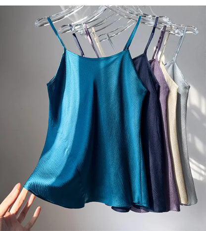 Women Camisole 100% Mulberry Silk Solid Colors Pearl Silk Fashion Spaghetti Straps Top Shirt Summer Beach M1548