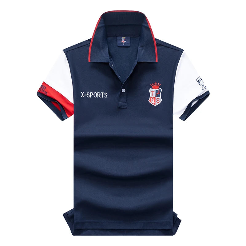 100% Pure Cotton Men Short Sleeve Polo Shirt Embroidery Trendy Contrast Color Splicing Classic Lapel Side Slits Extended Fit Sui