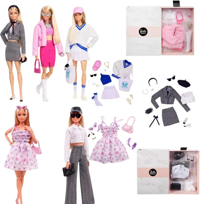 Original Barbi e Style Gold Label Doll Clothes Set Collector'S Edition Fashion Collection White Pleated Skirt With Bag Fans Gift