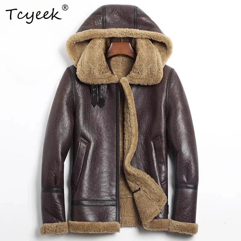 Tcyeek Natural Sheepskin Fur Coat Male Warm Real Leather Jacket Men Winter Clothes Lamb Wool Coats Hoodie 2025 Куртка Мужская