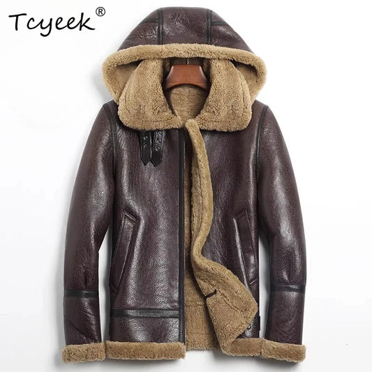 Tcyeek Natural Sheepskin Fur Coat Male Warm Real Leather Jacket Men Winter Clothes Lamb Wool Coats Hoodie 2025 Куртка Мужская