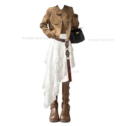 Bohemian Style Desert Jacket, Irregular Half Skirt Two-piece Elegant Women's Skirt Set Casual Suit for Women