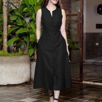 ZANZEA 2025 Summer Sundress Women Stylish Solid Party Holiday Vestidos Elegant V Neck Sleeveless Midi Dress Robe Femme Kaftan