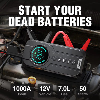 BUVAYE 4 In 1 Car Battery starter power bank,Booster Car Battery Powerbank,150PSI Air Pump 12V Jump Starter
