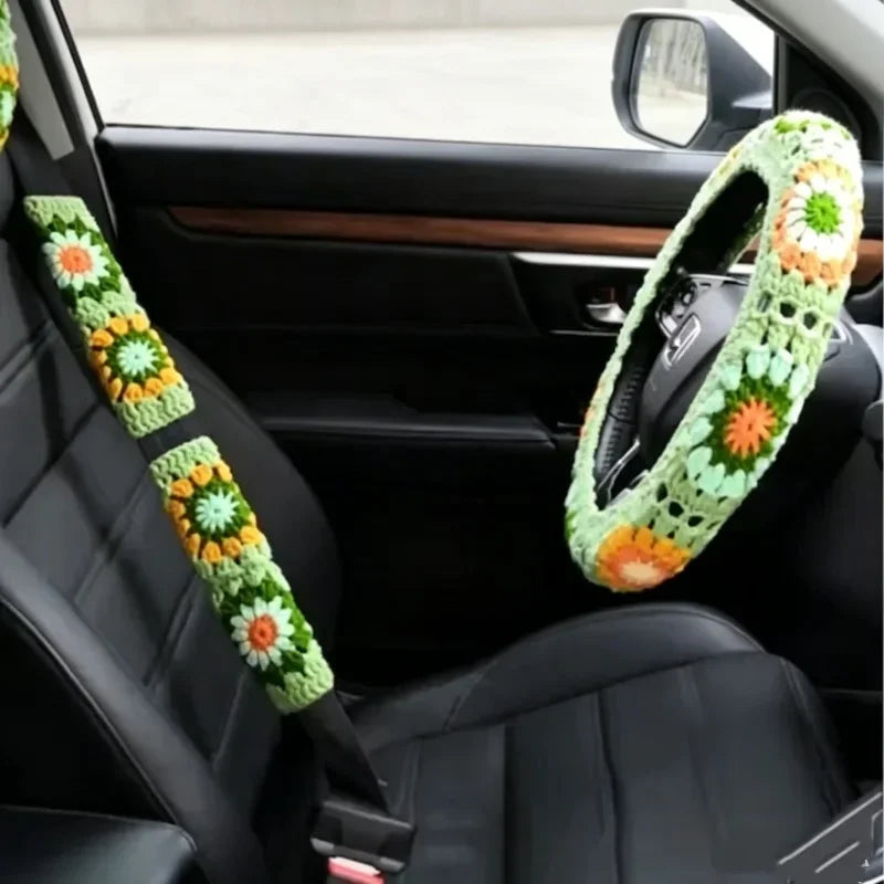 Warm Anti Slip Hand Crocheted Flower Steering Wheel Cover Simple Stylish Winter Decor Car Steering Wheel And Seat Belt Accessory