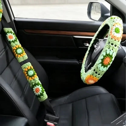 Warm Anti Slip Hand Crocheted Flower Steering Wheel Cover Simple Stylish Winter Decor Car Steering Wheel And Seat Belt Accessory