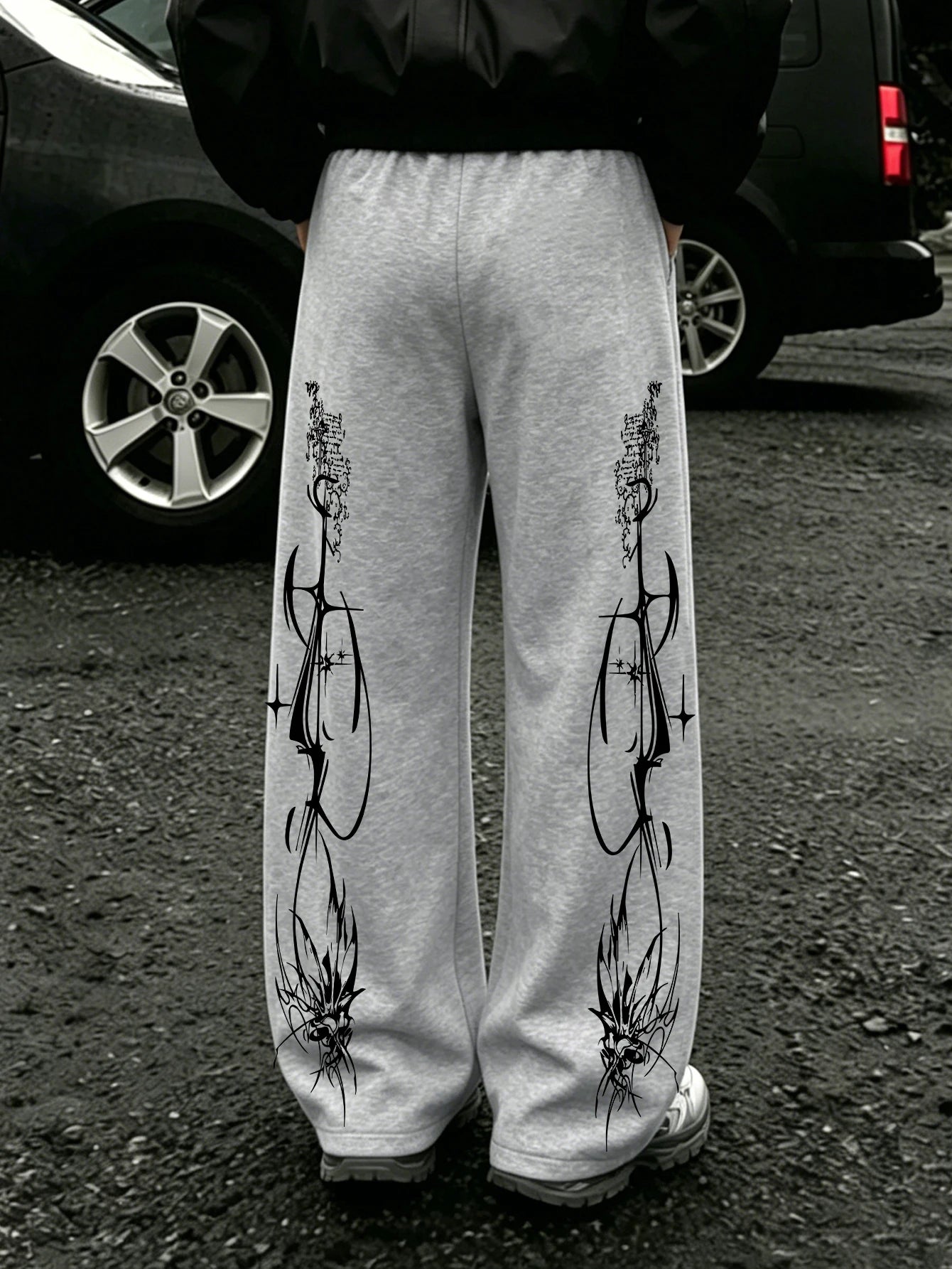 Y2K Dark Punk Abstract Gothic Cross Star Print Mens Baggy Wide Leg Sweat Pants Loose Straight Drawstring Hip Hop Street Joggers