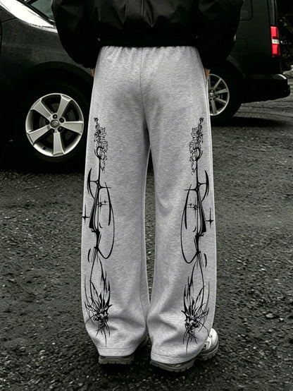 Y2K Dark Punk Abstract Gothic Cross Star Print Mens Baggy Wide Leg Sweat Pants Loose Straight Drawstring Hip Hop Street Joggers