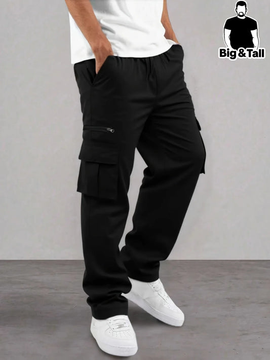 plus Size Men's Casual Solid Color Work Trousers with Foldover Pockets Side Drawstring Waist Long Straight Leg for Outdoor Hikin
