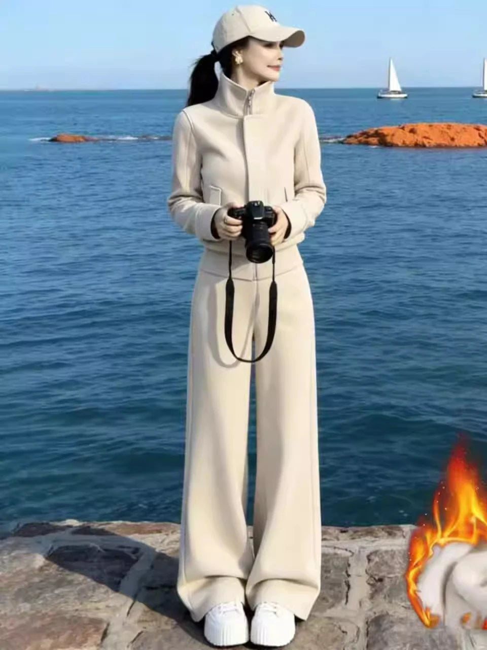 Korean Style Fleece Lined Thick Casual Sportswear Set Women Winter Stand Collar Jacket Wide Leg Pants Sweatshirt Two Piece Set