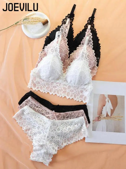 Women's Simple Contrast Lace Wireless Bra Bow Panty Set Adjustable Spaghetti Strap Bralette Knicker Wireless Bras Summer Clothes