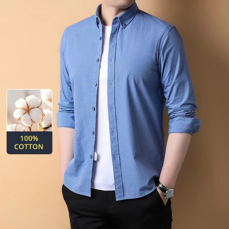 Top Grade 100% Cotton Anti-wrinkle New Fashion Breathable Checkered 2025 Men Shirt Brand Plaid Slim Fit Long Sleeve Casual Tops