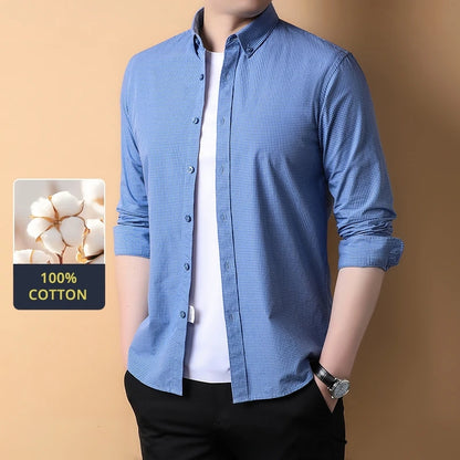 Top Grade 100% Cotton Anti-wrinkle New Fashion Breathable Checkered 2025 Men Shirt Brand Plaid Slim Fit Long Sleeve Casual Tops