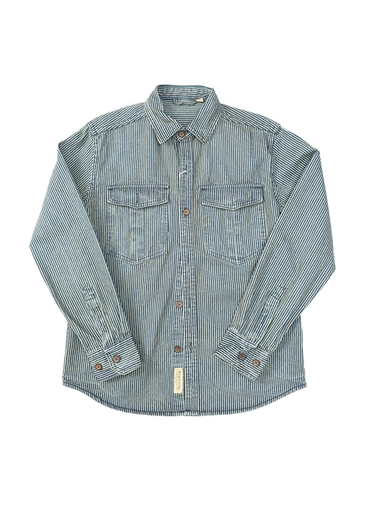 Classic Striped American Retro Washed Denim Work Shirt Casual Loose Long Sleeve Thickened Shirt Cotton Youth Travel Autumn