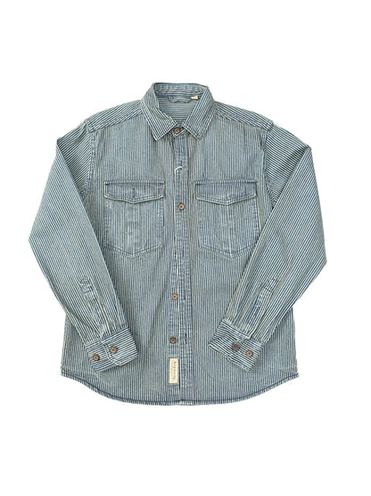Classic Striped American Retro Washed Denim Work Shirt Casual Loose Long Sleeve Thickened Shirt Cotton Youth Travel Autumn