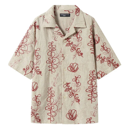 2026 Retro Floral Embroidered Summer Shirts For Men Linen Contrast-Color Print Casual T-Shirts Street Fashion Cuban Collar Tops