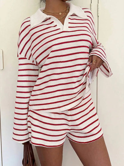 Women Striped Shorts Set Long Sleeve T-Shirt And Loose Casual Pants Breathable Two Piece Outfits For Summer Daily Loungewear
