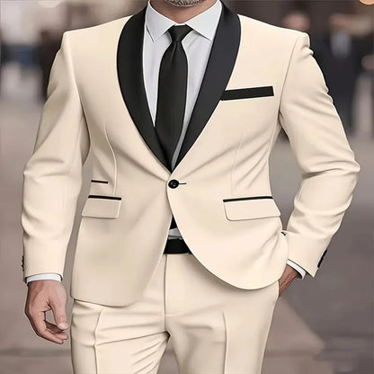 Men'S 2pcs Collar-And-Neckline, Single-Button, Slim-Fitting Solid-Color Jacket And Pants Set, Suitable for Men'S Dance Parties