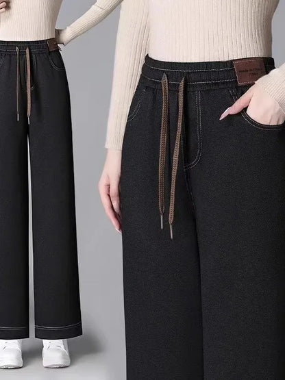 High Waist Thickened Fleece Lined Wide Leg Jeans Women's Casual Straight Cut Trousers Autumn Winter New Style Slimming Effect