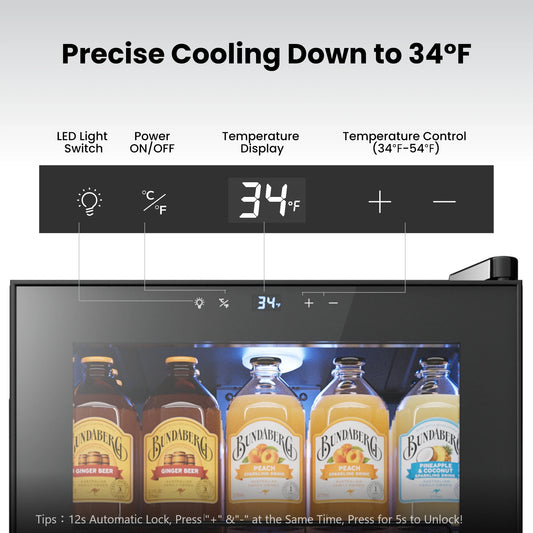 95-Can Glass Door Mini Fridge Cooler Beverage Refrigerator for Wine, Soda, and Home Bar Use
