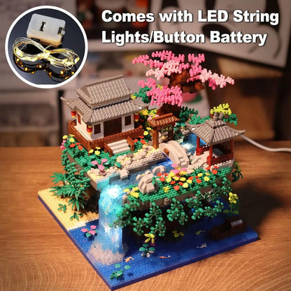 MOC Mini Building Block Set Peach Blossom Pool Chinese Architecture Cherry Bonsai Japanese Cherry Tree House Lantern Gift Toy