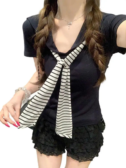 WASSUP Simple V-Neck Short Sleeve T-Shirt Women Summer Casual Slimming Navy Collar Top Korean Style Commute Fashion plus Size
