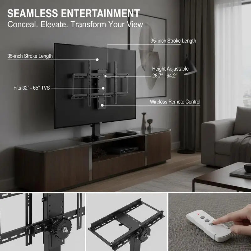 TV Raising Stand 35" Stroke for Home Theater Office Conference Room, Remote Control Height Adjustable 28.7-64.2" Fit 32-65" Screen Load Capacity 154 Lbs