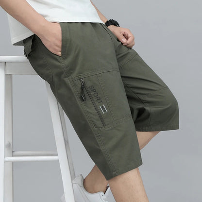 Summer Zipper Pocket Workwear Shorts Mens Knee Cargo Pants 2026 Cotton Shorts Men Climbing Jogger Elastic Waist Sports Work Wear