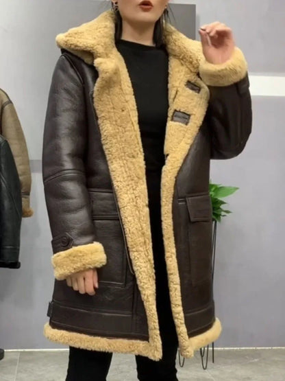 Men and Women's Winter Warm Coat Long Jacket Genuine Sheepskin Lambskin Shearling Wool Liner Hooded Brown XXXXXXXXL 5XL 6XL 7XL