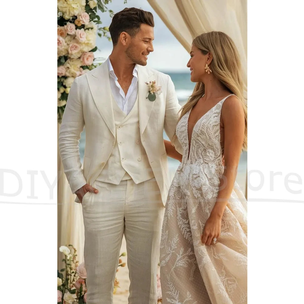 Fashion Linen Men Suits Peak Lapel Single Breasted Smart Casual Wear Chic Groom Wedding Party Tuxedos Customized Male Suit