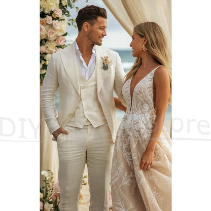 Fashion Linen Men Suits Peak Lapel Single Breasted Smart Casual Wear Chic Groom Wedding Party Tuxedos Customized Male Suit