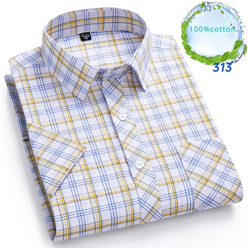 New in Shirt Over Size 100% Cotton Thin Summer Short Sleeve Shirts for Men Slim Fit Plain Shirt Plaid Soft Korean Popular Clothe
