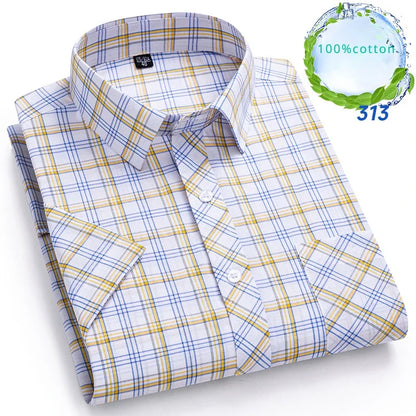 New in Shirt Over Size 100% Cotton Thin Summer Short Sleeve Shirts for Men Slim Fit Plain Shirt Plaid Soft Korean Popular Clothe
