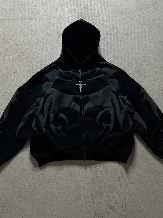 Loose Fit Street Style Zipper Hoodie Cardigan Women's Fashion Letter Print Bubble Sleeve Long Sleeve Winter Coat