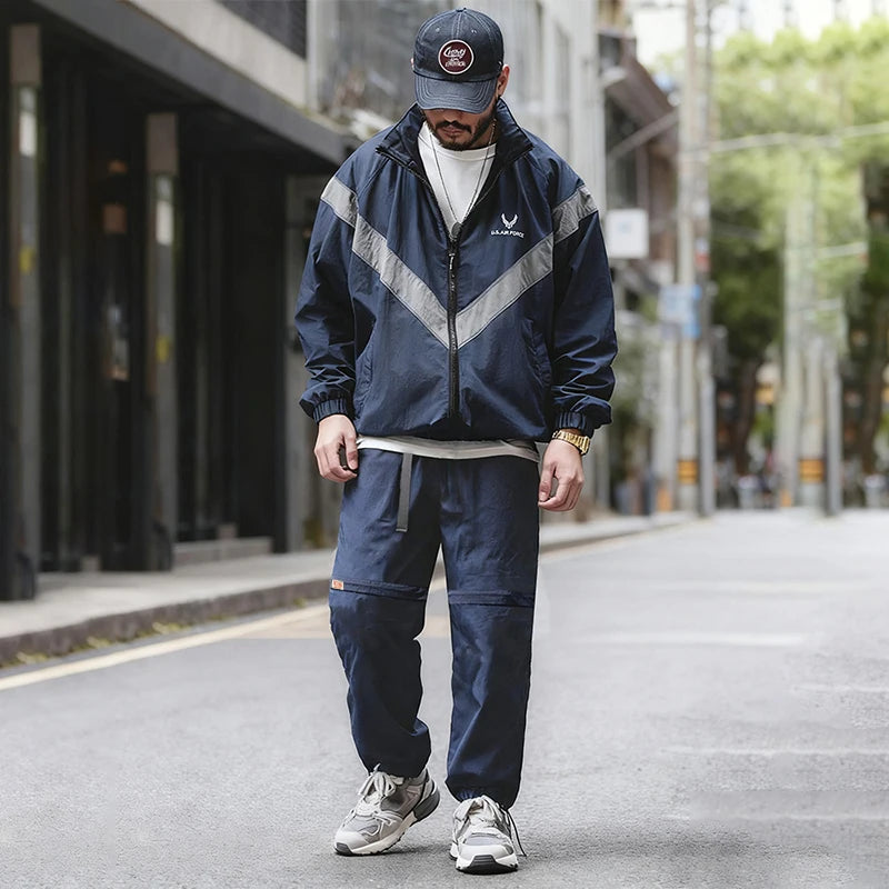 Men's Casual Sports Set for Autumn and Winter, Tracksuit, Jogging Set, 100% Nylon Waterproof Reflective Flight Jacket and Pants