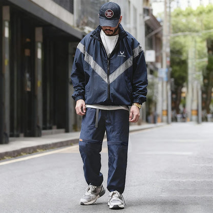 Men's Casual Sports Set for Autumn and Winter, Tracksuit, Jogging Set, 100% Nylon Waterproof Reflective Flight Jacket and Pants