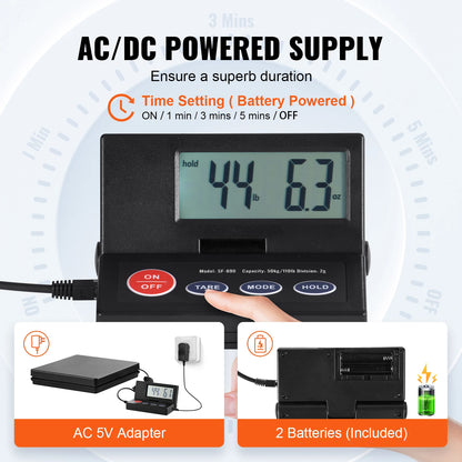 SucceBuy 110 lbs Digital Postal Shipping Scale with Timer 90° Foldable LCD Screen AC/DC Powered Package Scale for Laggage Home