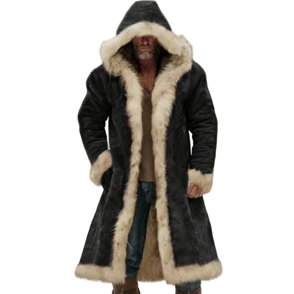 Men's Winter Thickened Hooded Jacket with Fleece Lining Solid Color Coat Long Sleeve Cardigan Style for Casual and Homewear