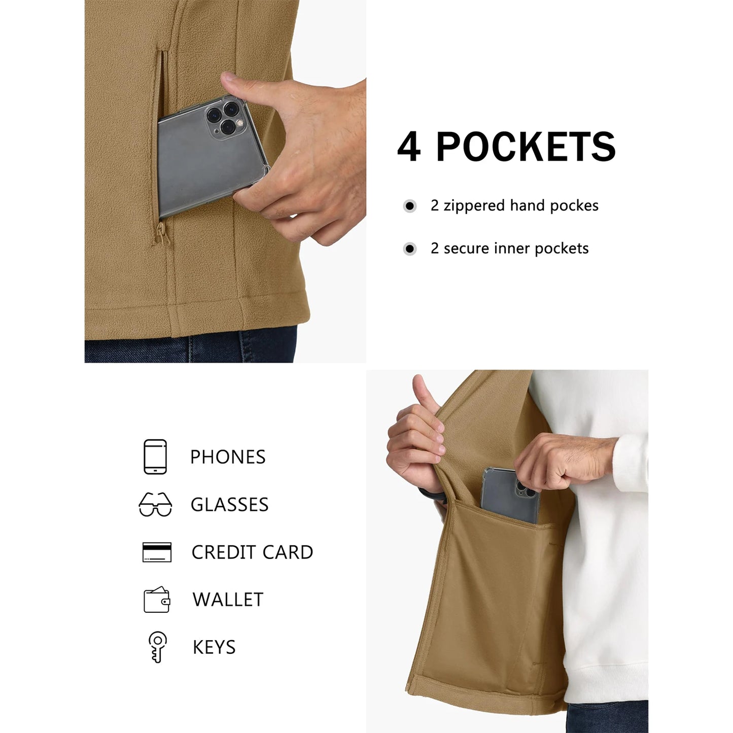 TACVASEN Men's Fleece Vest Zip Up Lightweight Sleeveless Jacket Warm Polar Fleece Outerwear with Pockets Casual Golf Hiking Vest