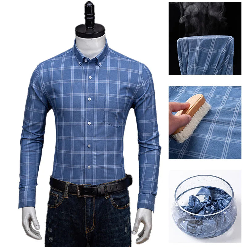 Classic Men's Long Sleeved Check Shirts 100% Oxford Cotton Casual Fashion Soft Plaid Stripe Solid Male Business Slim Fit Blouses