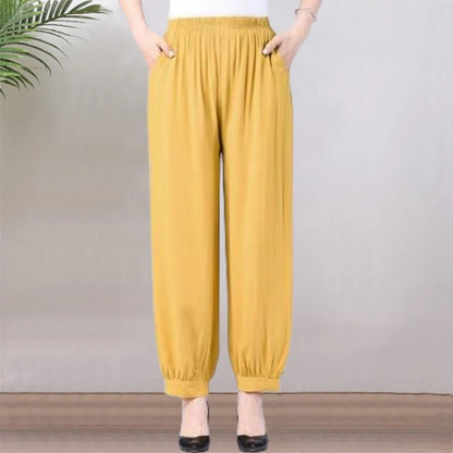 High Waist Lantern Pants Casual Cotton Silk Large Size Printed Long Trousers for Middle-Aged And Elderly Women