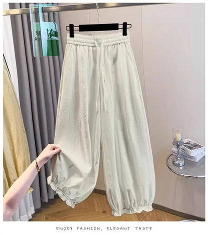 Casual Ice Silk Quick Dry Nine-Piece Flower Bud Pants Women Summer Thin Loose High Waist Draping Lantern Pants