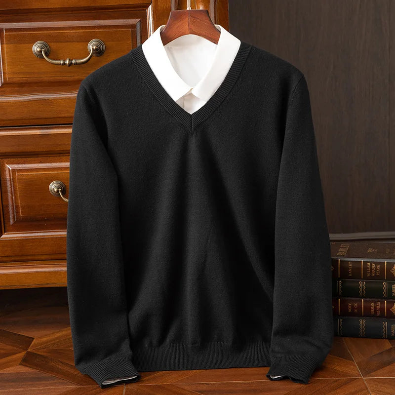 Autumn Winter Basic Merino Wool V-neck Sweater Men's Fashionable Casual Business Knitwear Cashmere Pullover Clothing Tops