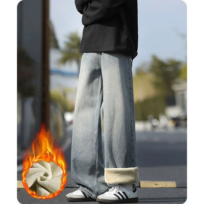 Hot Sale Men Snow Warm Plush Fleece Jeans Male Classic Loose Straight Leg Denim Pants Fashion Versatile Thickened Warm Trousers