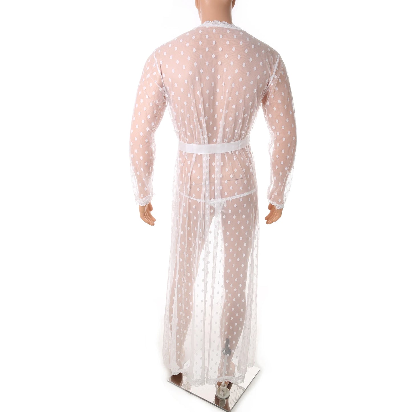 Men Robe Long Sleeves Bathrobe Kimono Mens Pajamas Lace See-through Bathrobe Night Dressing Gown With Jockstrap Thong Set