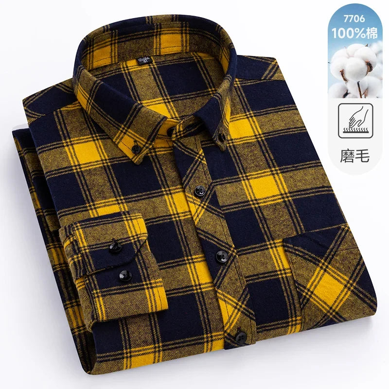 New Flannel Plaid Long Sleeve Men Casual Shirts Autumn Winter Fashion Plus Size Regular Fit Smart Dress Shirts Daily Clothes Top