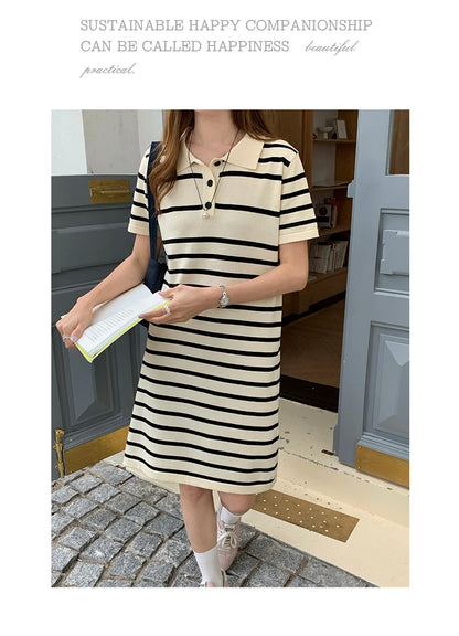 new Korean striped dress for women's summer, pure cotton straight tube mid length skirt